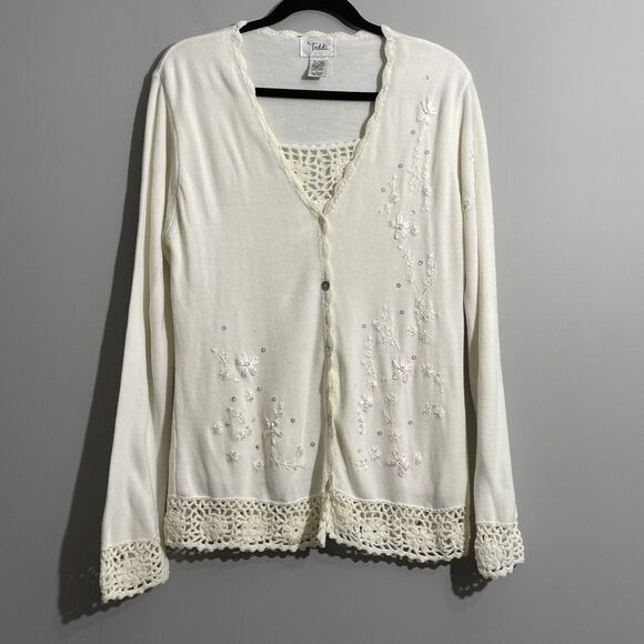 Teddi Knit Cardigan – Embroidered Floral Cream Sweater, Size Large, Soft Cottage - Picture 1 of 15